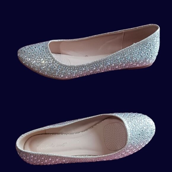 Fabulicious Rhinestone-Embellished Ballet Flats  Color Nude Glitter Mesh Size 10 - Picture 9 of 13